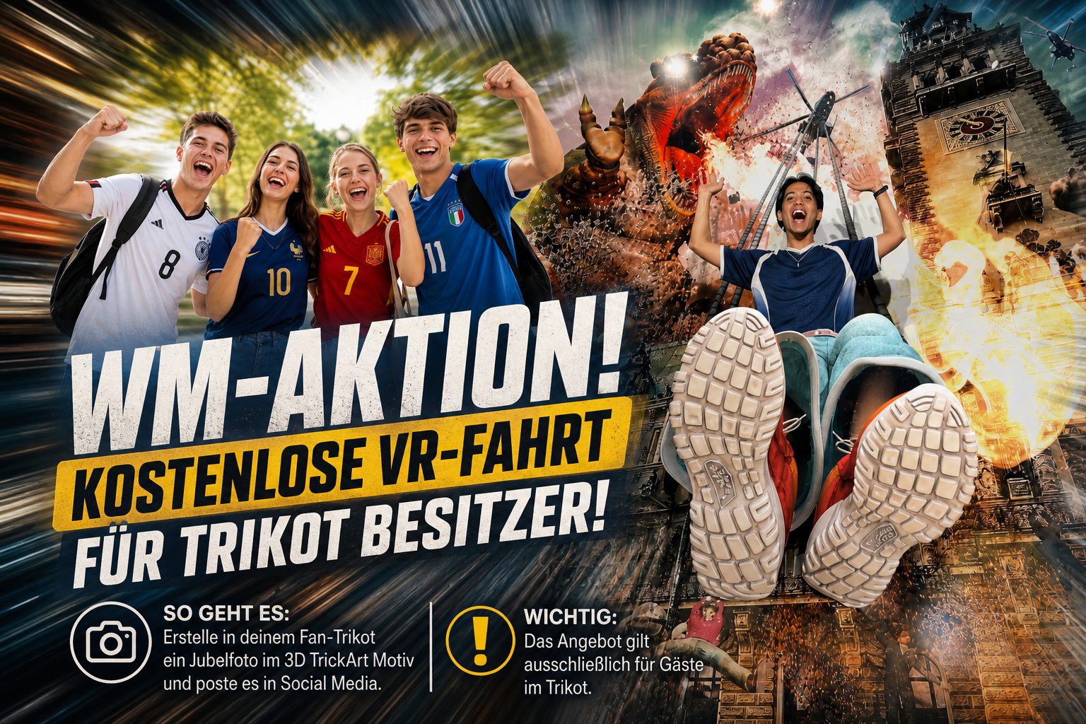 WM-Aktion! Kostenlose VR-Fahrt für Trikot Besitzer! So geht es: Erstelle in deinem Fan-Trikot ein Jubelfoto im 3D TrickArt Motiv und poste es in Social Media. Wichtig: Das Angebot gilt ausschließlich für Gäste im Trikot.