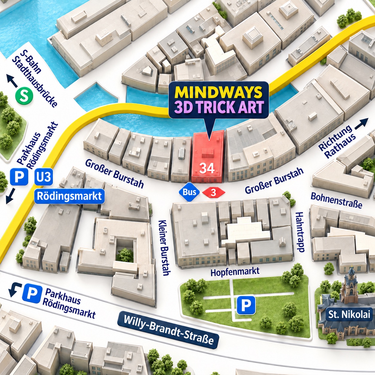 Lageplan: Mindways 3D TrickArt, Großer Burstah 34, mit U3 Rödingsmarkt, Bus 3 und Parkhaus Rödingsmarkt