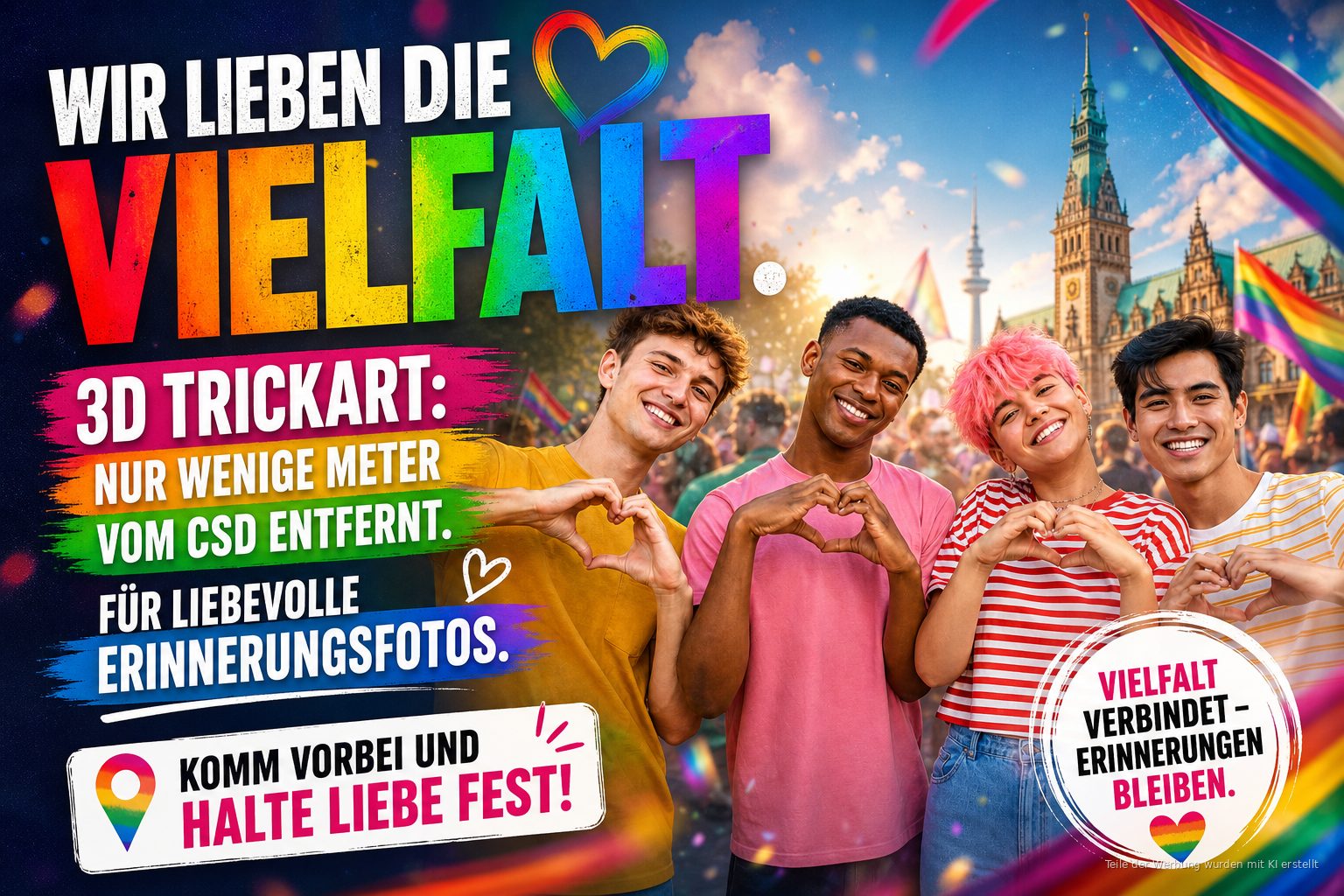 Wir lieben die Vielfalt. 3D Trickart: nur wenige Meter vom CSD entfernt. Für liebevolle Erinnerungsfotos.